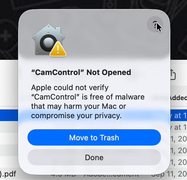 macOS dialog reading CamControl Not Opened, Apple could not verify CamControl is free of malware, with Move to Trash and Done buttons.