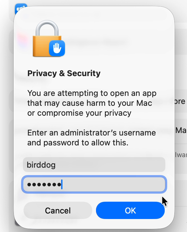 Privacy and Security authentication dialog requesting an administrator user name and password.