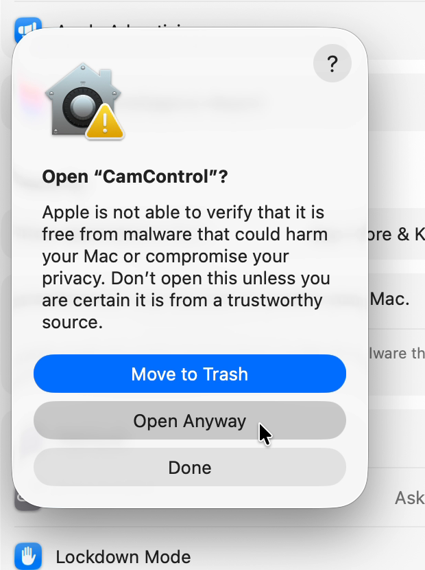 Confirmation dialog reading Open CamControl, with Move to Trash, Open Anyway and Done buttons.