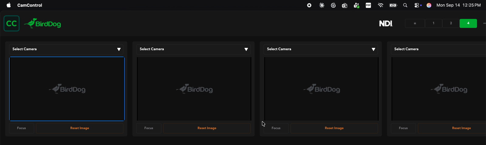 Cam Control running, showing four camera panels with Select Camera menus.