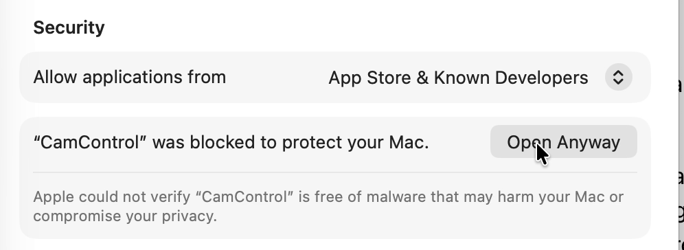 Security section of Privacy and Security settings showing CamControl was blocked to protect your Mac, with an Open Anyway button.